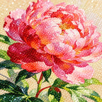 Close-up of diamond drill texture across one full pink peony bloom with green leaves and stems.