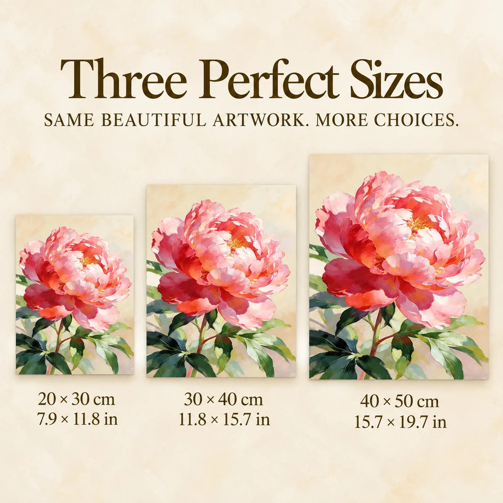 Size guide for Single Pink Peony Diamond Painting Kit: 20 × 30 cm, 30 × 40 cm, and 40 × 50 cm.