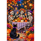 Skeleton Couple Garden Party — finished diamond painting on a white background
