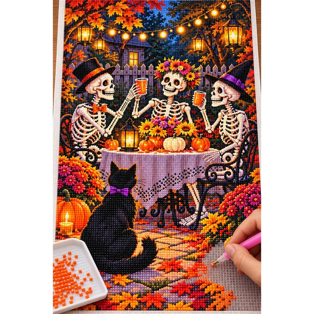 Skeleton Couple Garden Party — diamond painting process with applicator pen