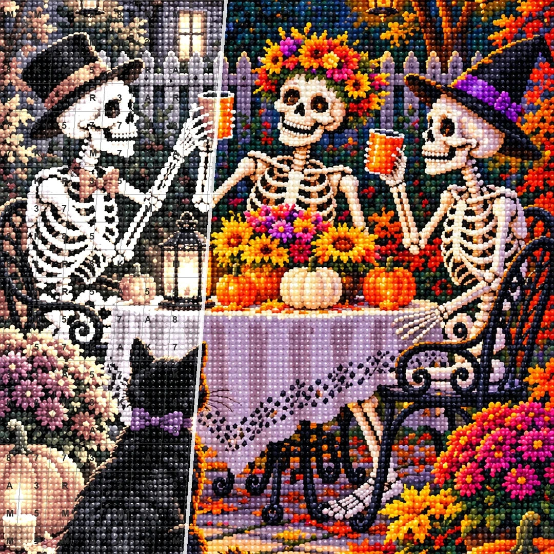 Skeleton Couple Garden Party — close-up canvas and resin drill detail