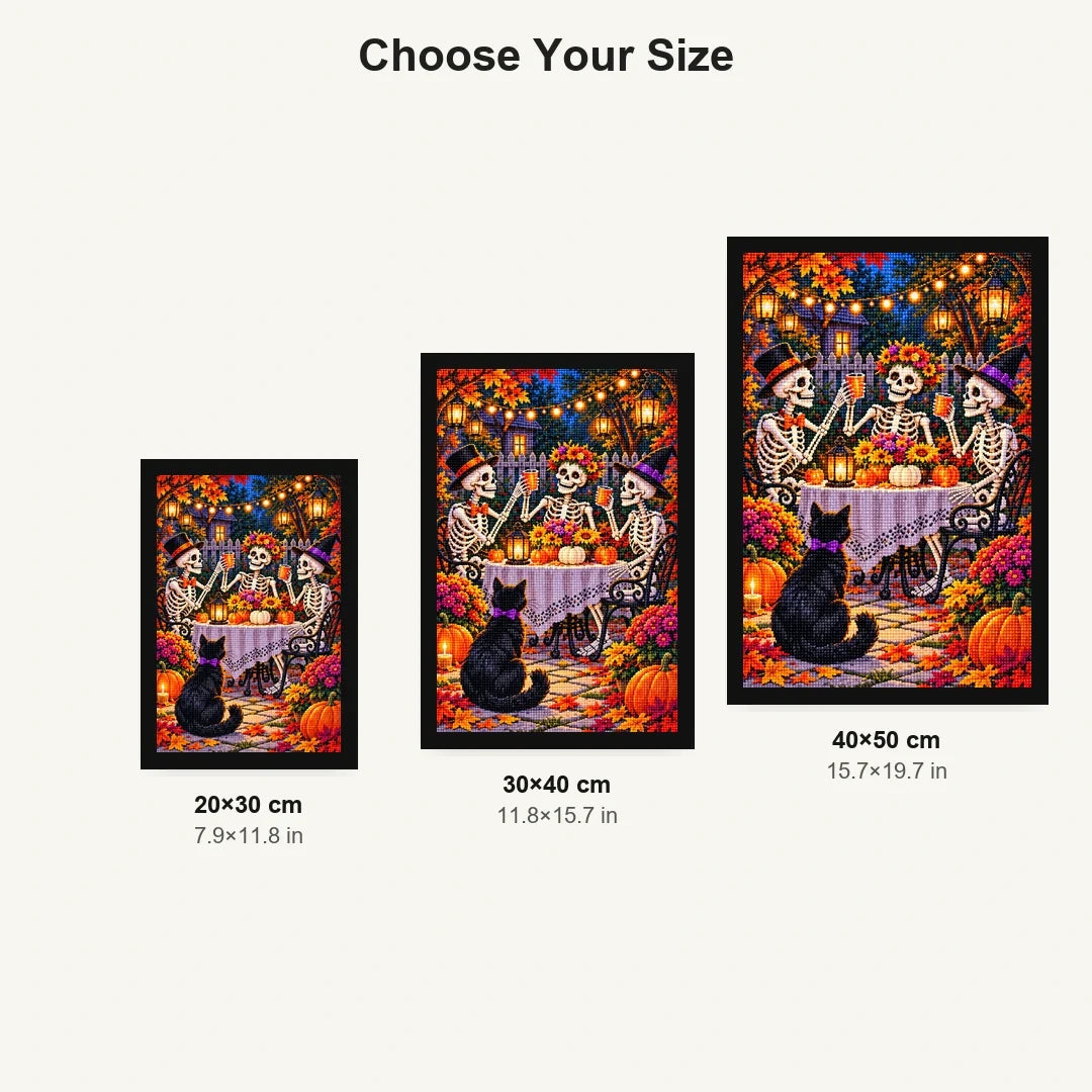 Skeleton Couple Garden Party — size comparison for 20 × 30, 30 × 40 and 40 × 50 cm