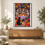 Skeleton Couple Garden Party — finished diamond painting displayed in a home interior