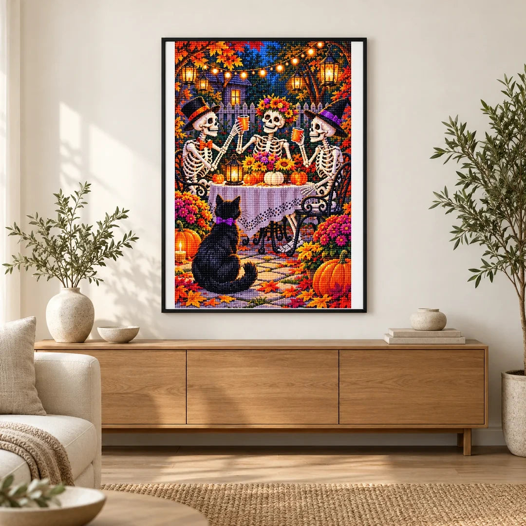 Skeleton Couple Garden Party — finished diamond painting displayed in a home interior
