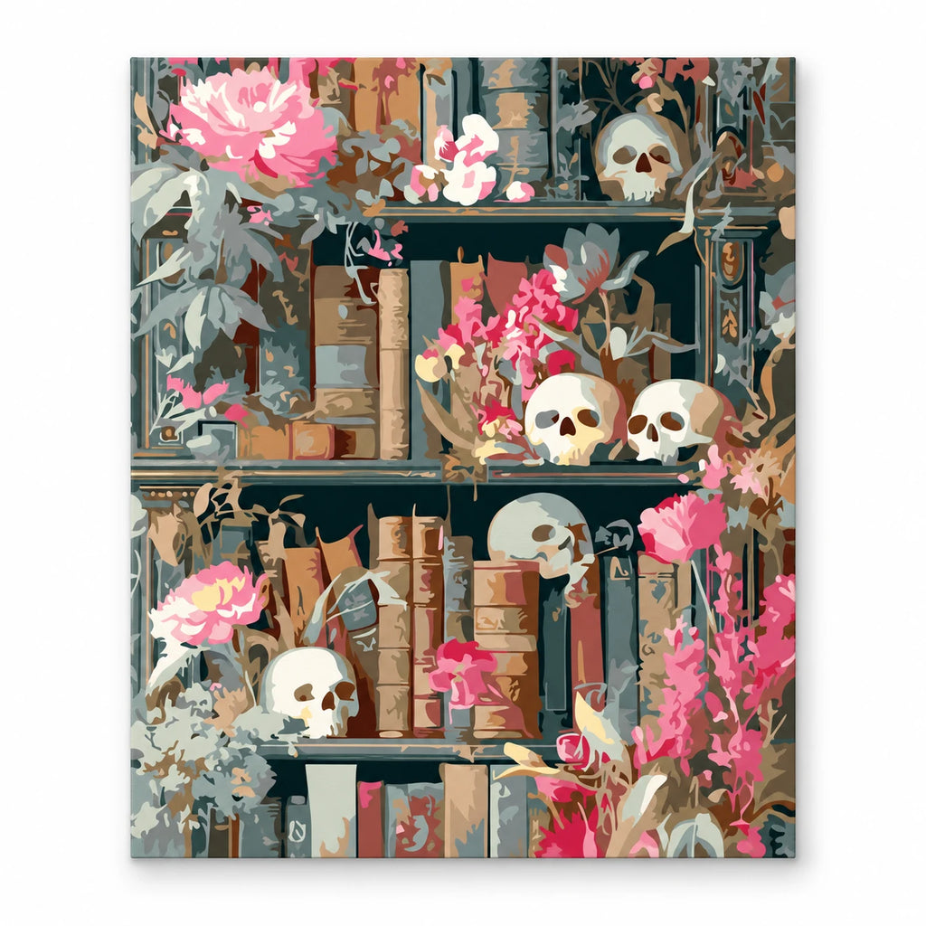 Skulls and Flowers Bookshelf paint by numbers artwork on a front-facing canvas against a white background