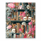 Skulls and Flowers Bookshelf paint by numbers artwork on a front-facing canvas against a white background