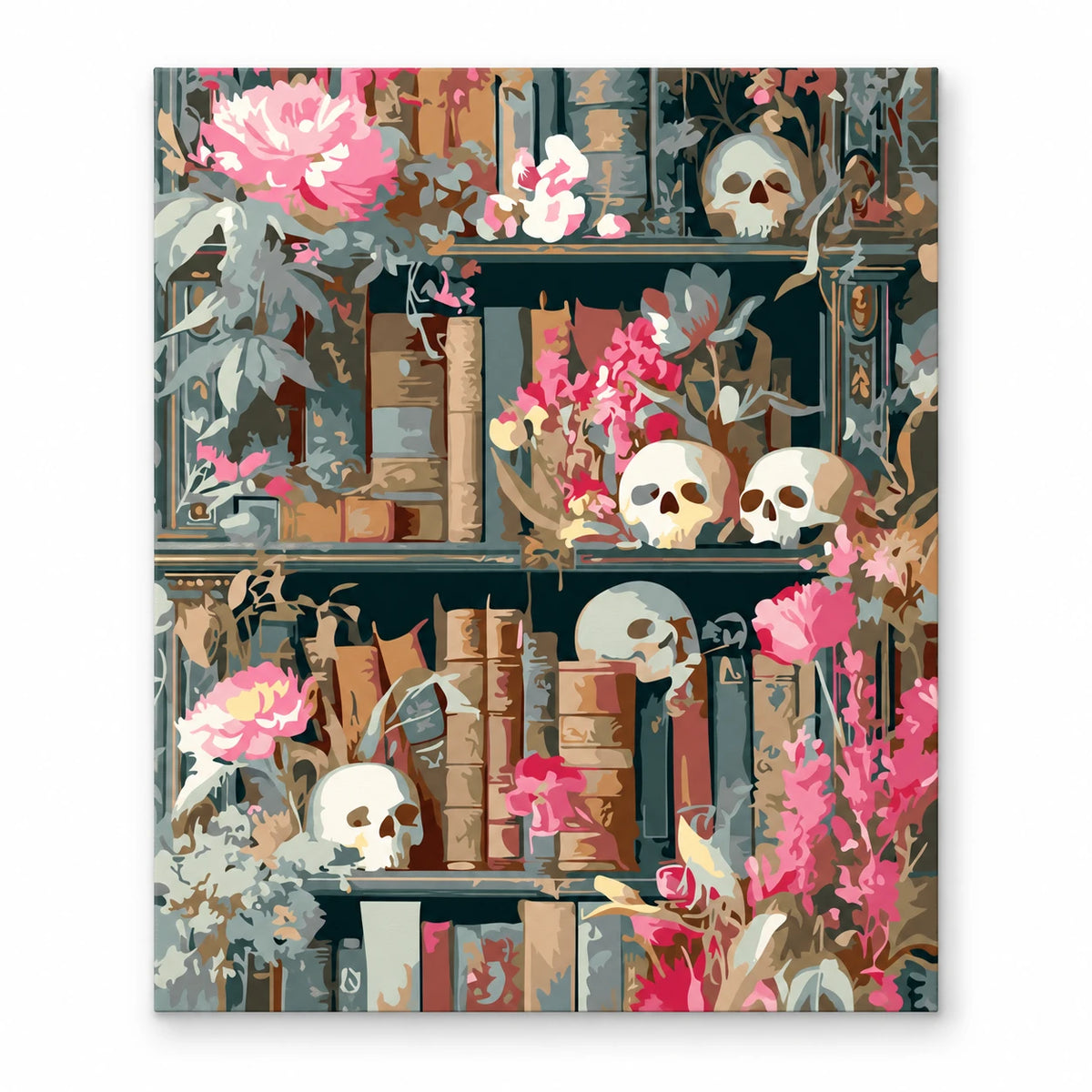 Skulls and Flowers Bookshelf paint by numbers artwork on a front-facing canvas against a white background