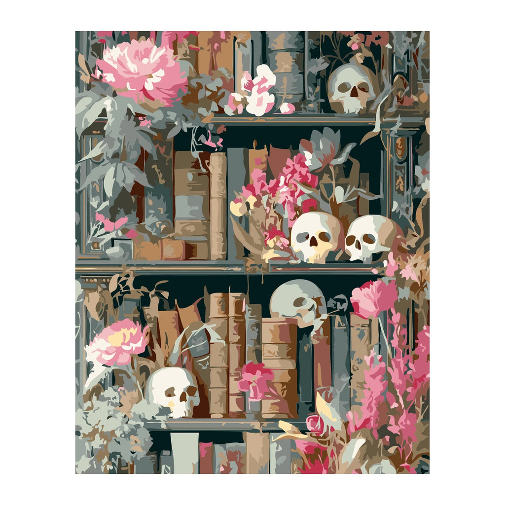 Skulls and Flowers Bookshelf completed artwork on a clean white background