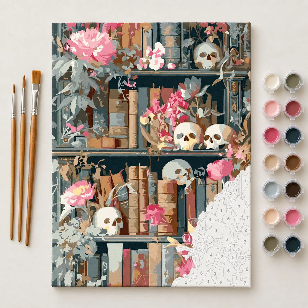 Complete Skulls and Flowers Bookshelf numbered canvas being painted with acrylic paints and brushes