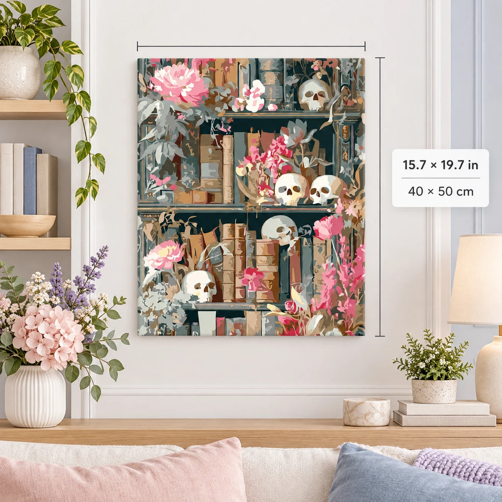 Skulls and Flowers Bookshelf shown in a styled room with 15.7 × 19.7 in and 40 × 50 cm dimensions