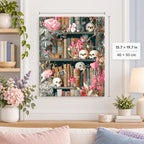 Skulls and Flowers Bookshelf shown in a styled room with 15.7 × 19.7 in and 40 × 50 cm dimensions