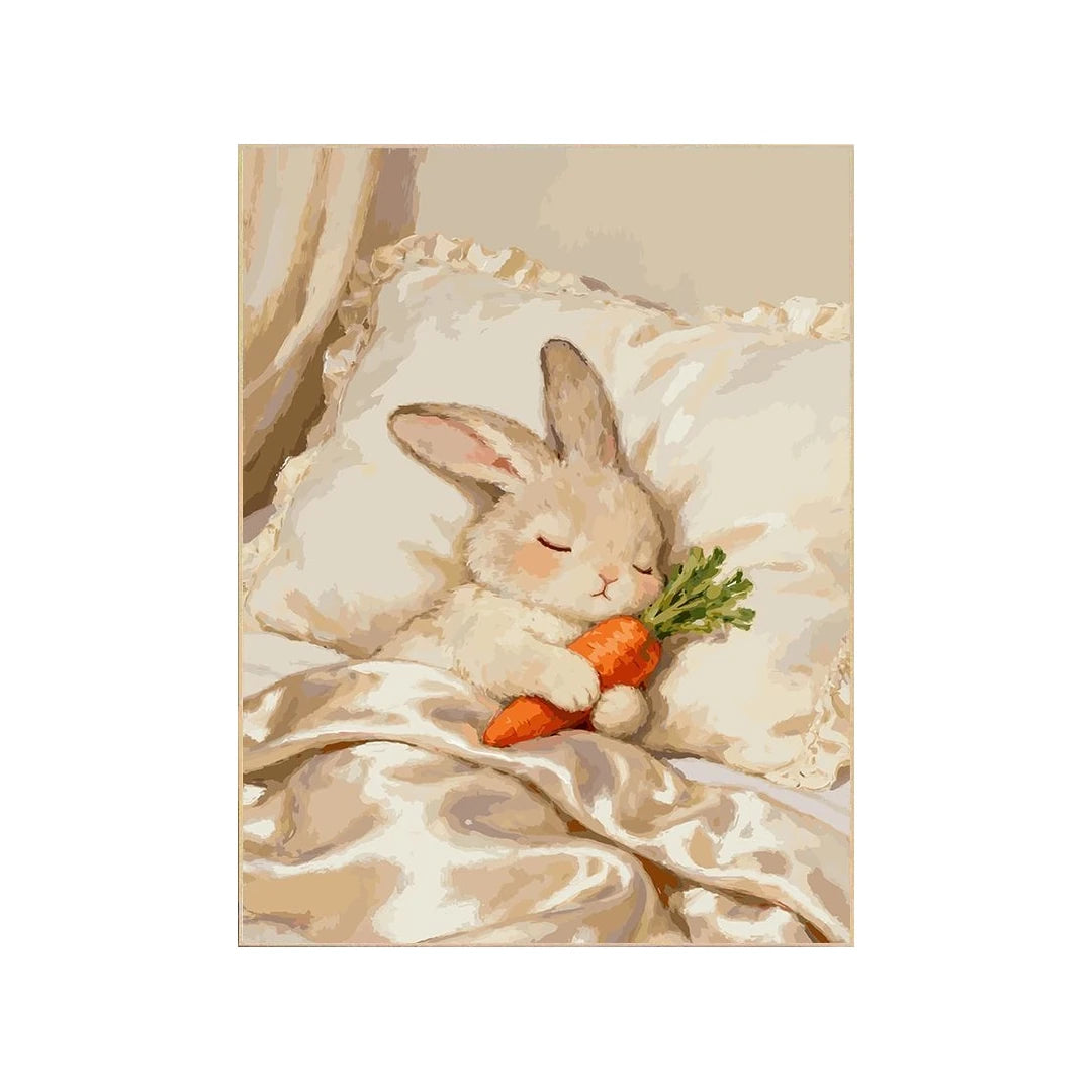 White-background original artwork of a sleeping white bunny cuddling a carrot in bed