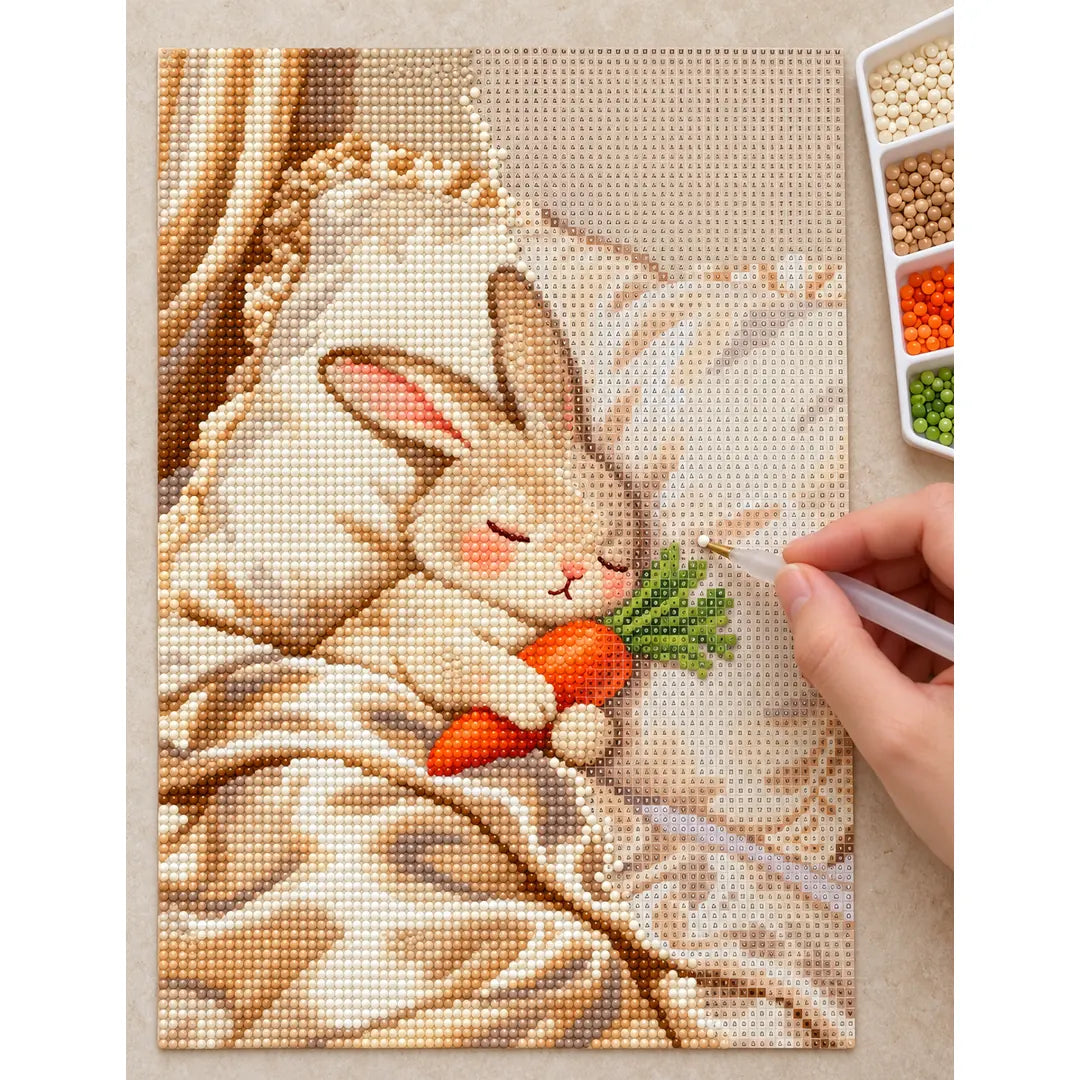 Diamond painting process showing a sleeping bunny with carrot being completed with a stylus
