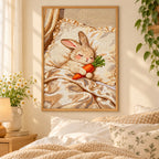 Sleeping bunny with carrot diamond painting displayed as bedroom decor