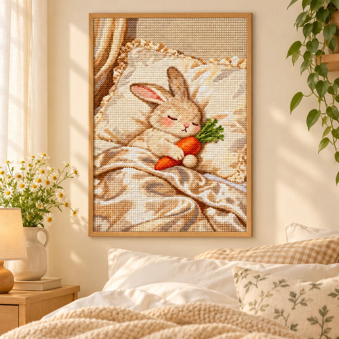 Sleeping bunny with carrot diamond painting displayed as bedroom decor