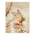 White-background original artwork of a sleeping white bunny cuddling a carrot in bed
