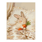 White-background original artwork of a sleeping white bunny cuddling a carrot in bed