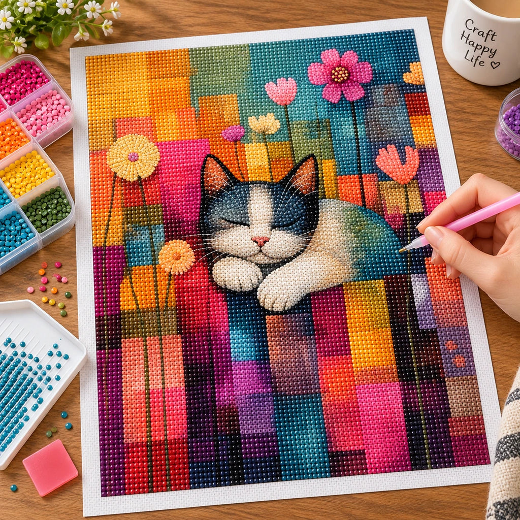 Sleeping Cat Flowers Diamond Painting Kit finished white-background
