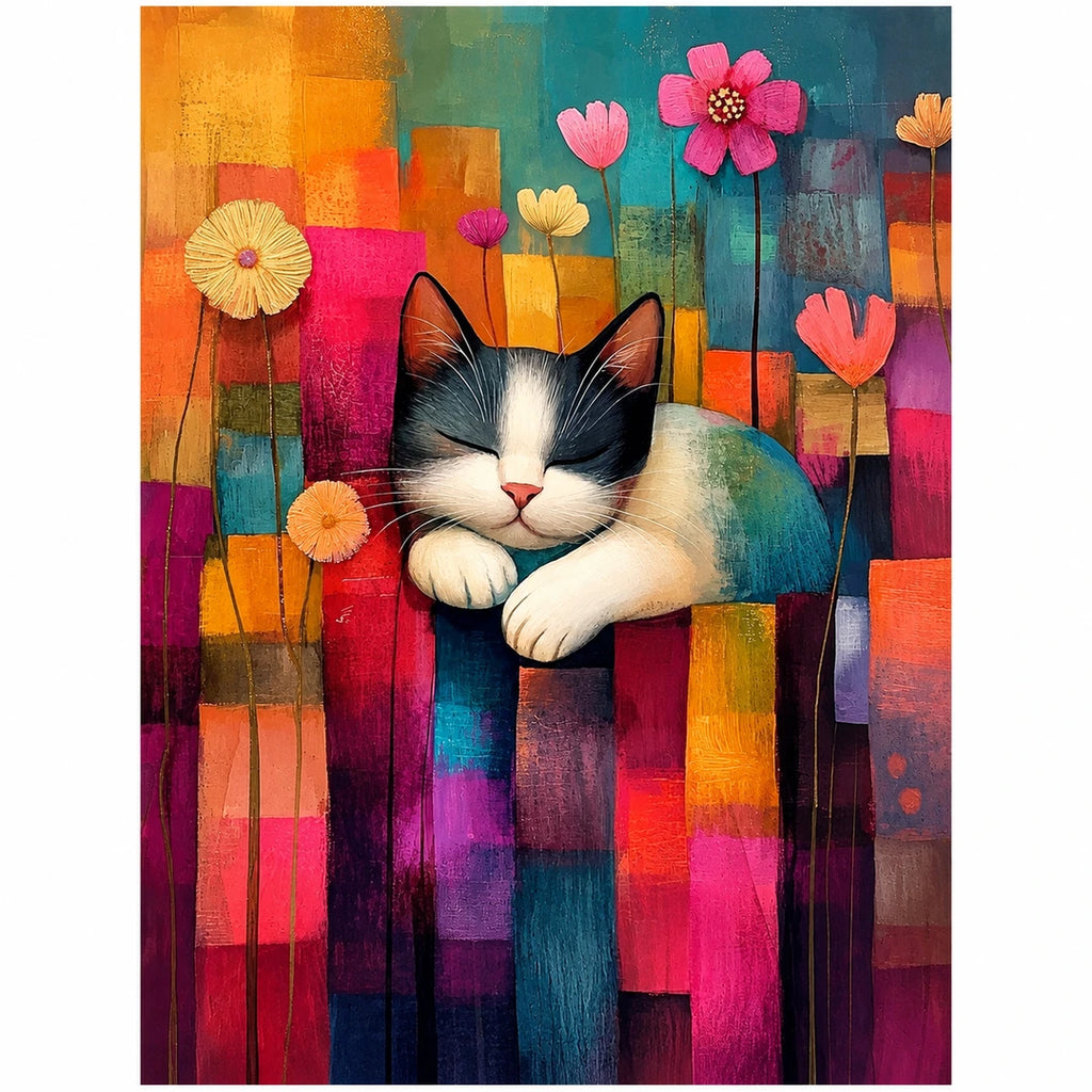 Sleeping Cat Flowers Diamond Painting Kit No Frame and Framed comparison