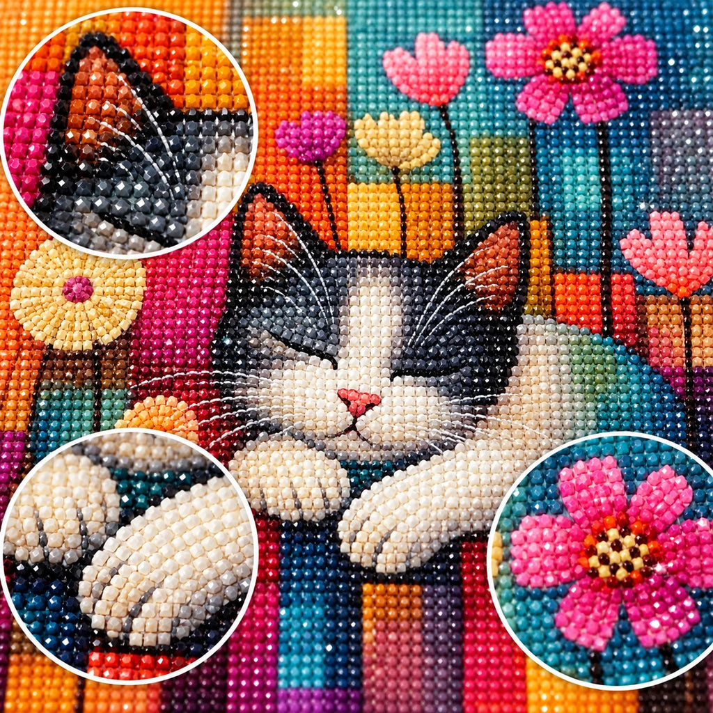 Sleeping Cat Flowers Diamond Painting Kit process