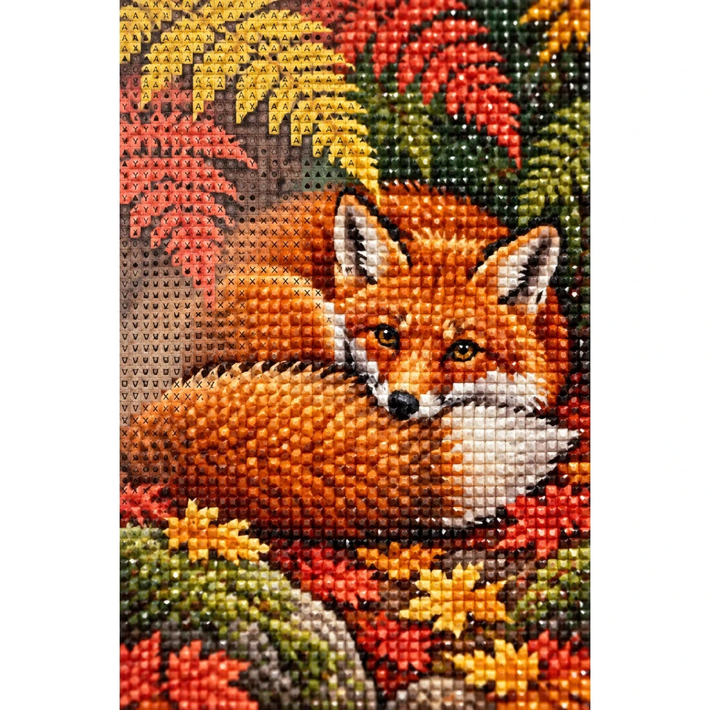 Sleeping Fox Autumn Ferns Diamond Painting Kit diamond and canvas detail