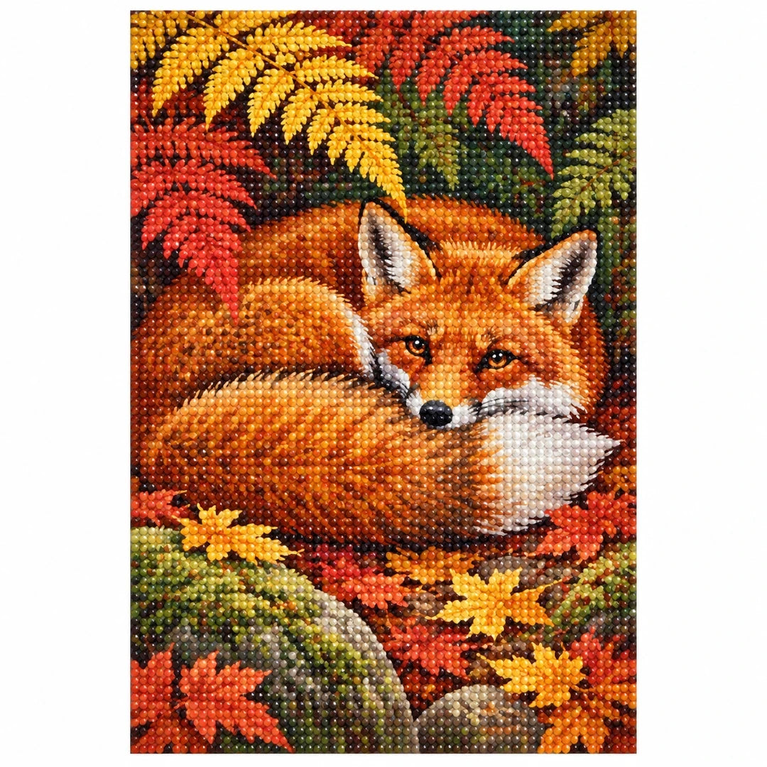 Sleeping Fox Autumn Ferns Diamond Painting Kit finished diamond artwork on white background