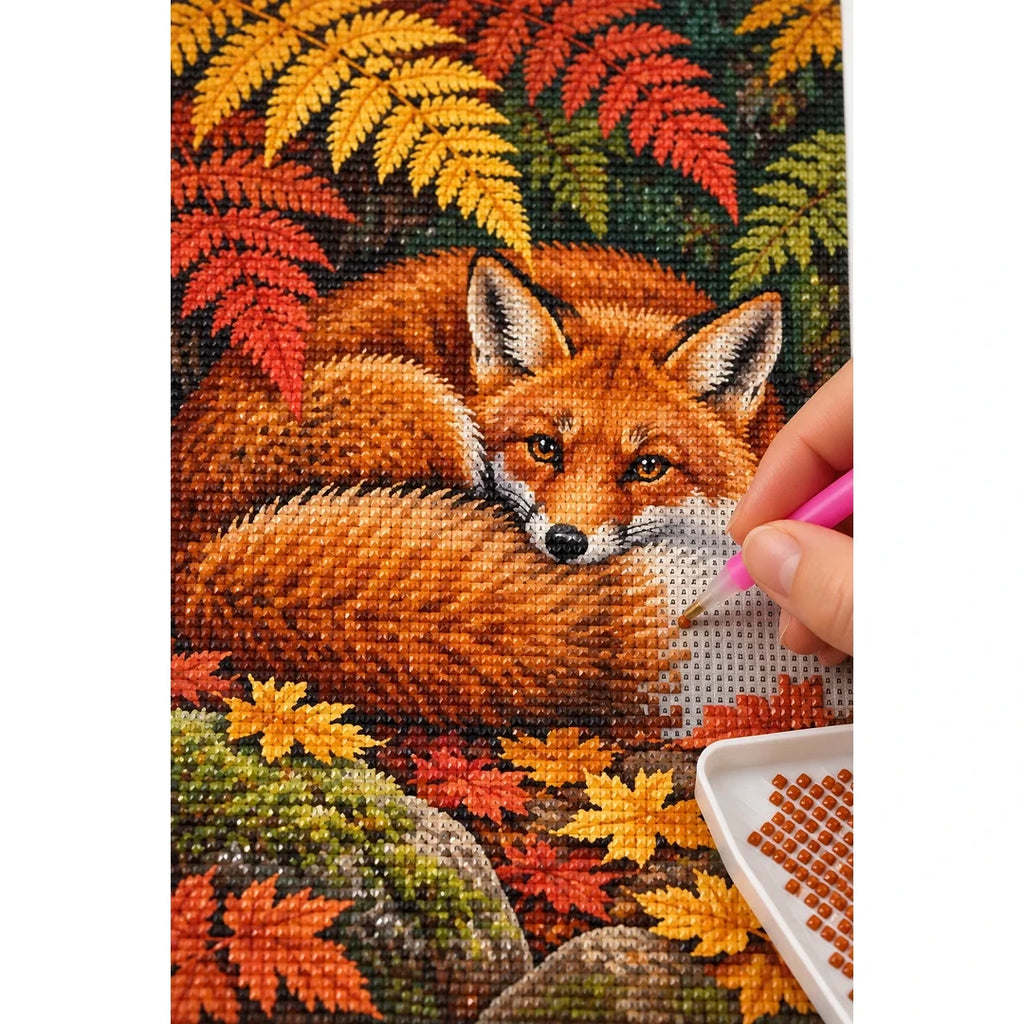 Sleeping Fox Autumn Ferns Diamond Painting Kit diamond placement process