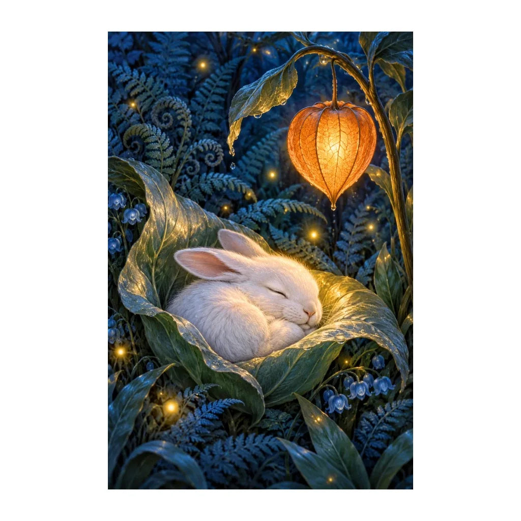 White-background original artwork of a sleeping hare beneath a glowing leaf lantern in a fern forest