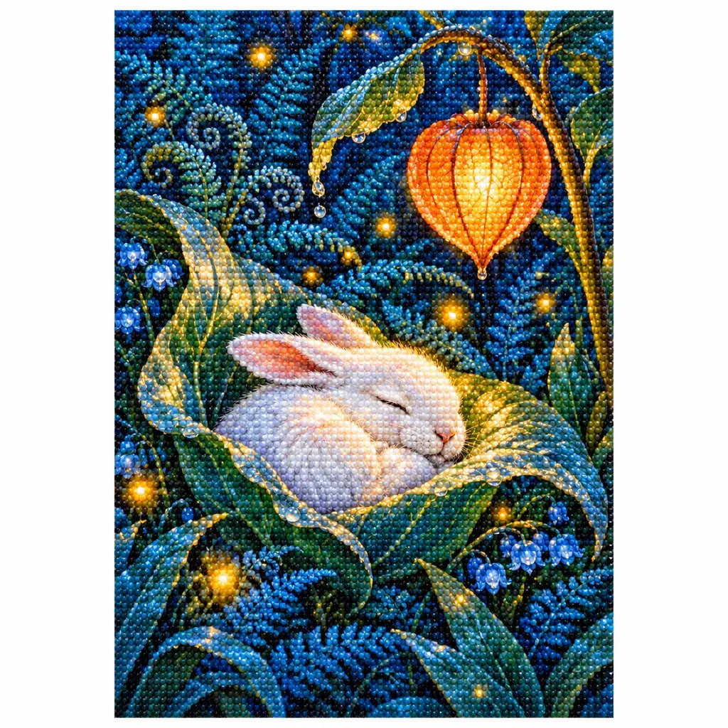White-background finished diamond painting of a sleeping white hare under a glowing leaf lantern