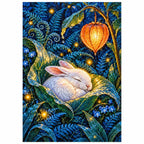 White-background finished diamond painting of a sleeping white hare under a glowing leaf lantern