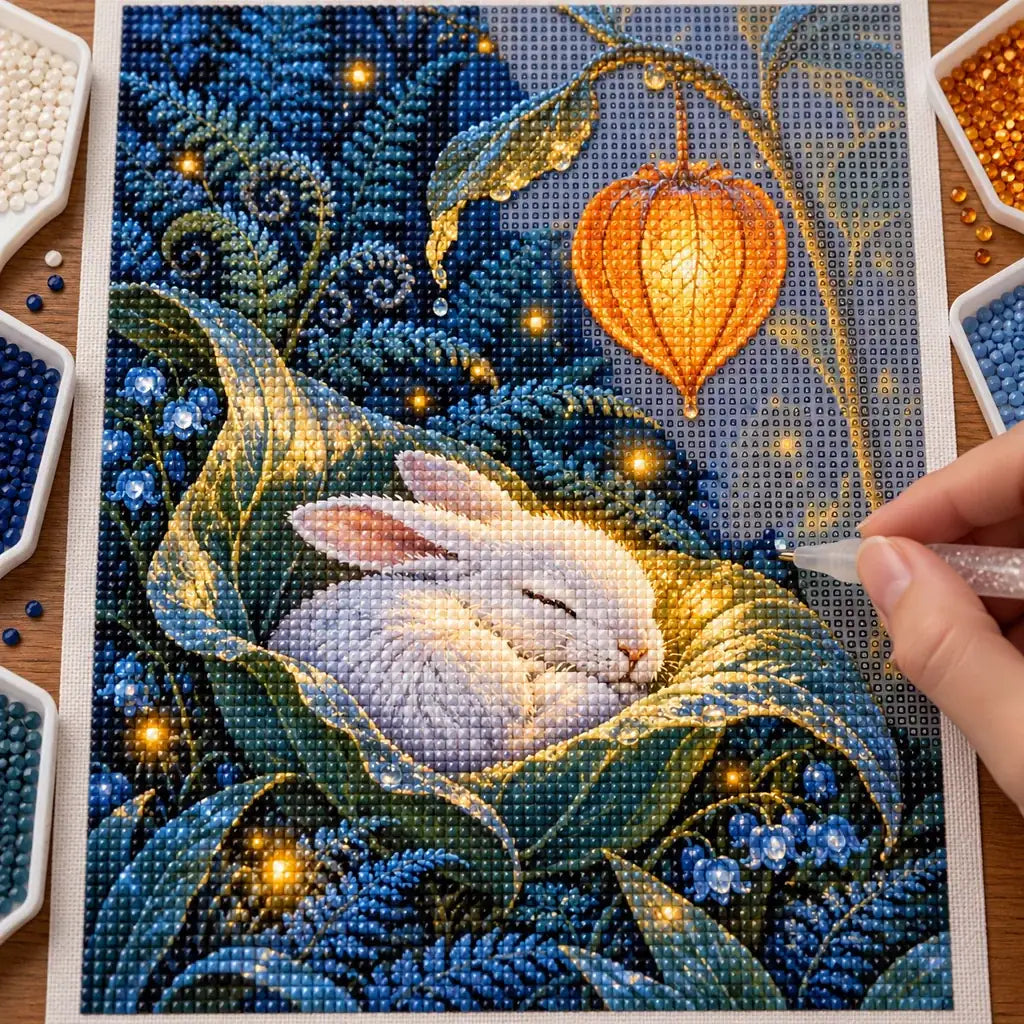 Hands placing drills on the sleeping hare and leaf lantern diamond painting