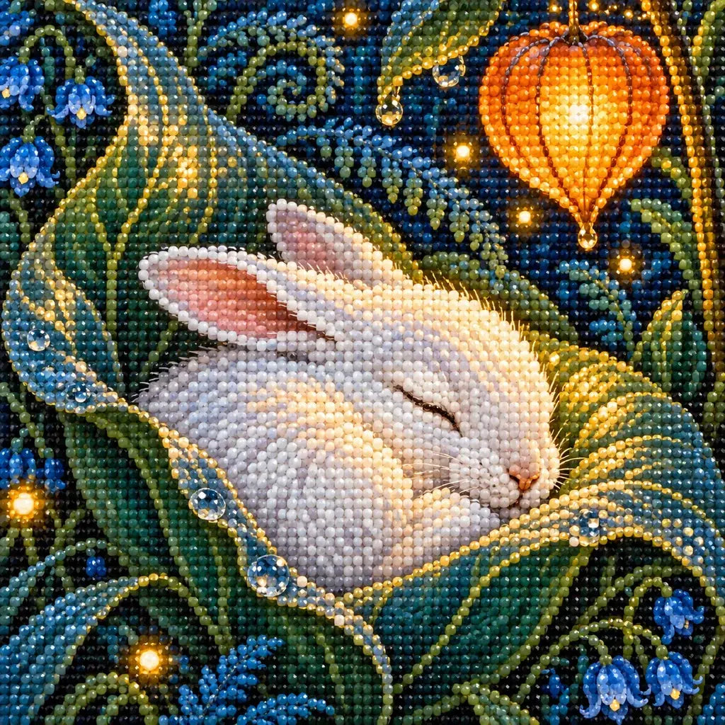 Close-up diamond drill detail on the white hare and fern leaves