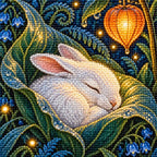 Close-up diamond drill detail on the white hare and fern leaves