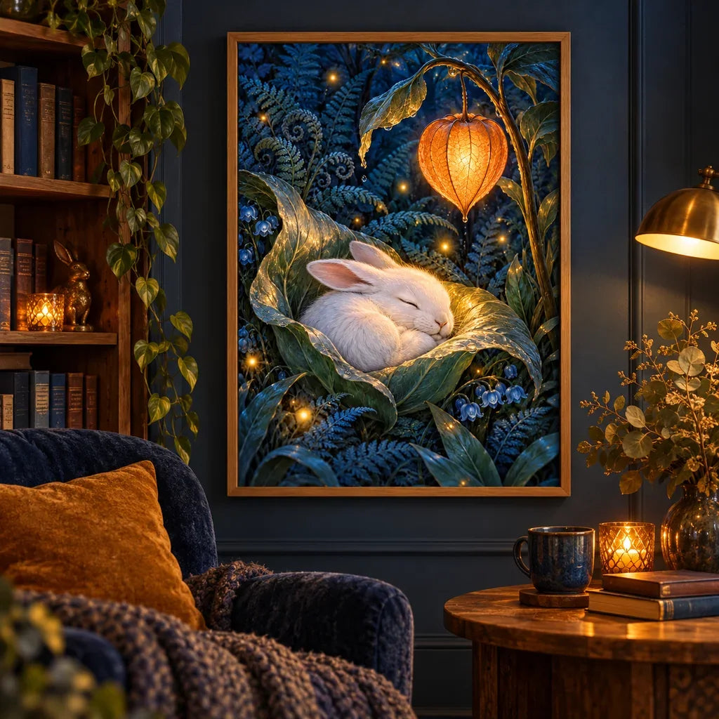 Sleeping hare leaf lantern diamond painting displayed in a cozy home