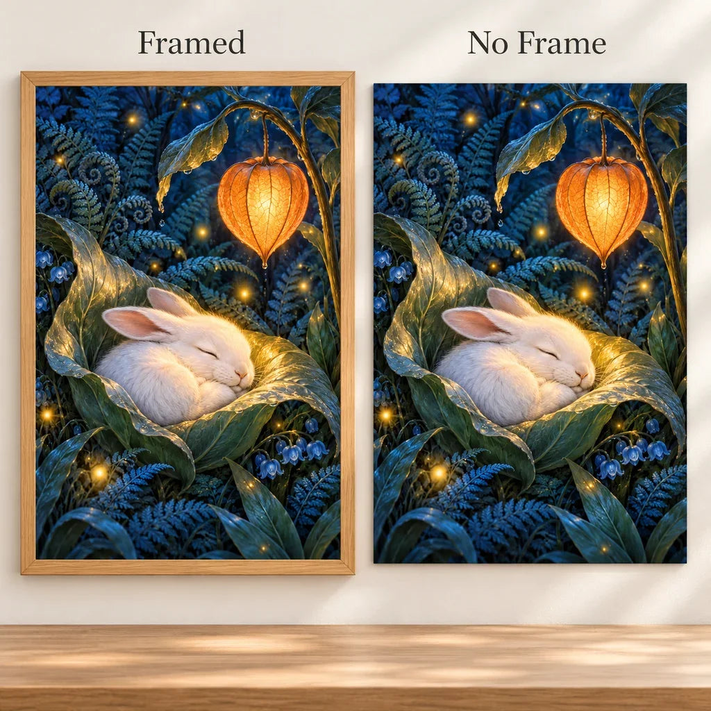Framed and no-frame options for the sleeping hare leaf lantern diamond painting