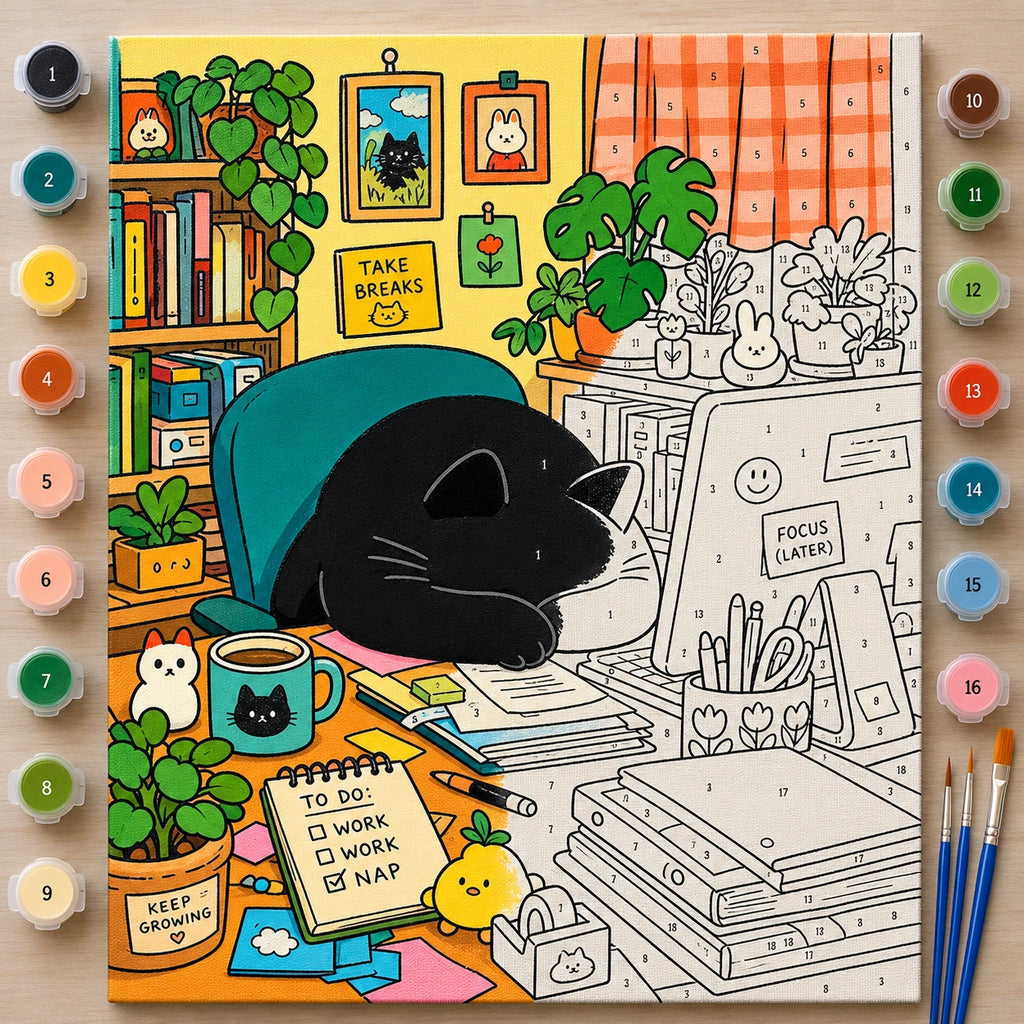 Sleepy Black Cat in a Home Office Paint by Numbers Kit: complete numbered canvas with paints and brushes arranged for painting