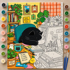 Sleepy Black Cat in a Home Office Paint by Numbers Kit: complete numbered canvas with paints and brushes arranged for painting
