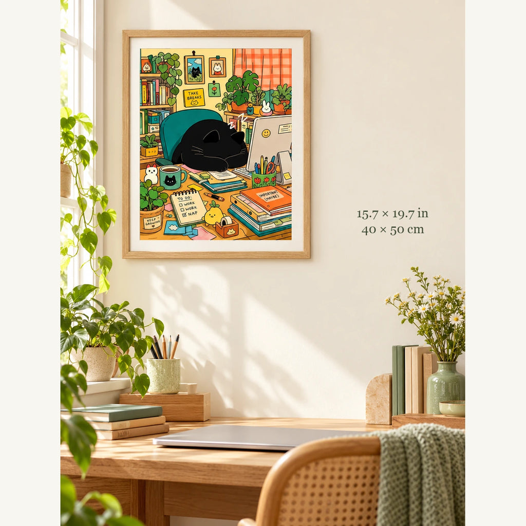 Sleepy Black Cat in a Home Office Paint by Numbers Kit: artwork shown in a styled room with 15.7 × 19.7 in and 40 × 50 cm dimensions