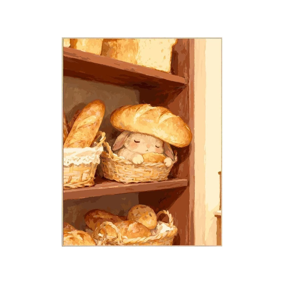 White-background original artwork of a sleepy bunny tucked into a woven bread basket beneath a loaf