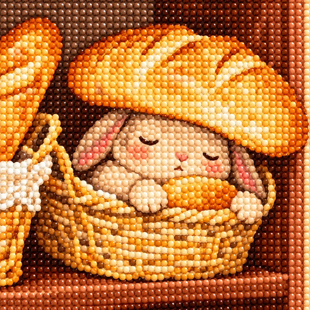 Close-up diamond drill detail of the sleepy bunny and woven bread basket