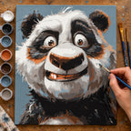 Complete Smiling Panda Portrait numbered canvas being painted with acrylic paints and brushes