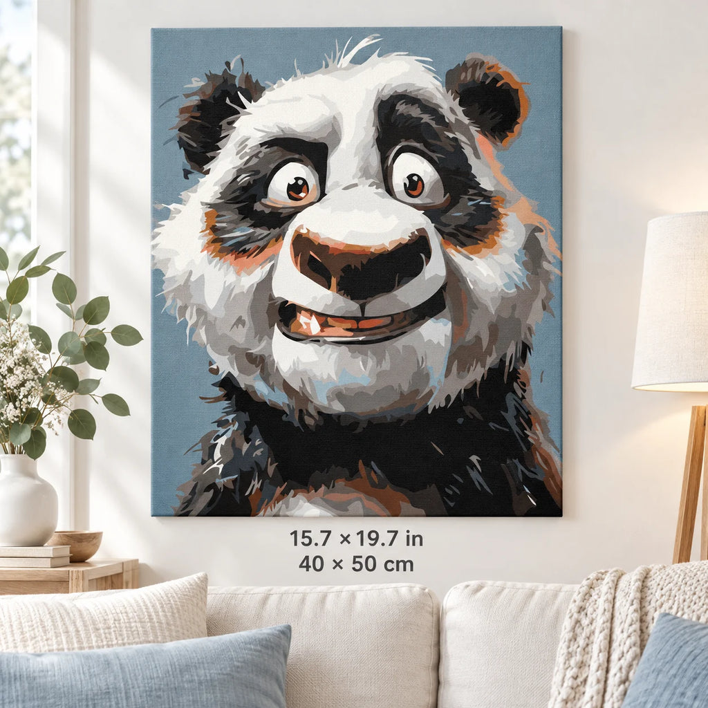 Smiling Panda Portrait shown in a styled room with 15.7 × 19.7 in and 40 × 50 cm dimensions