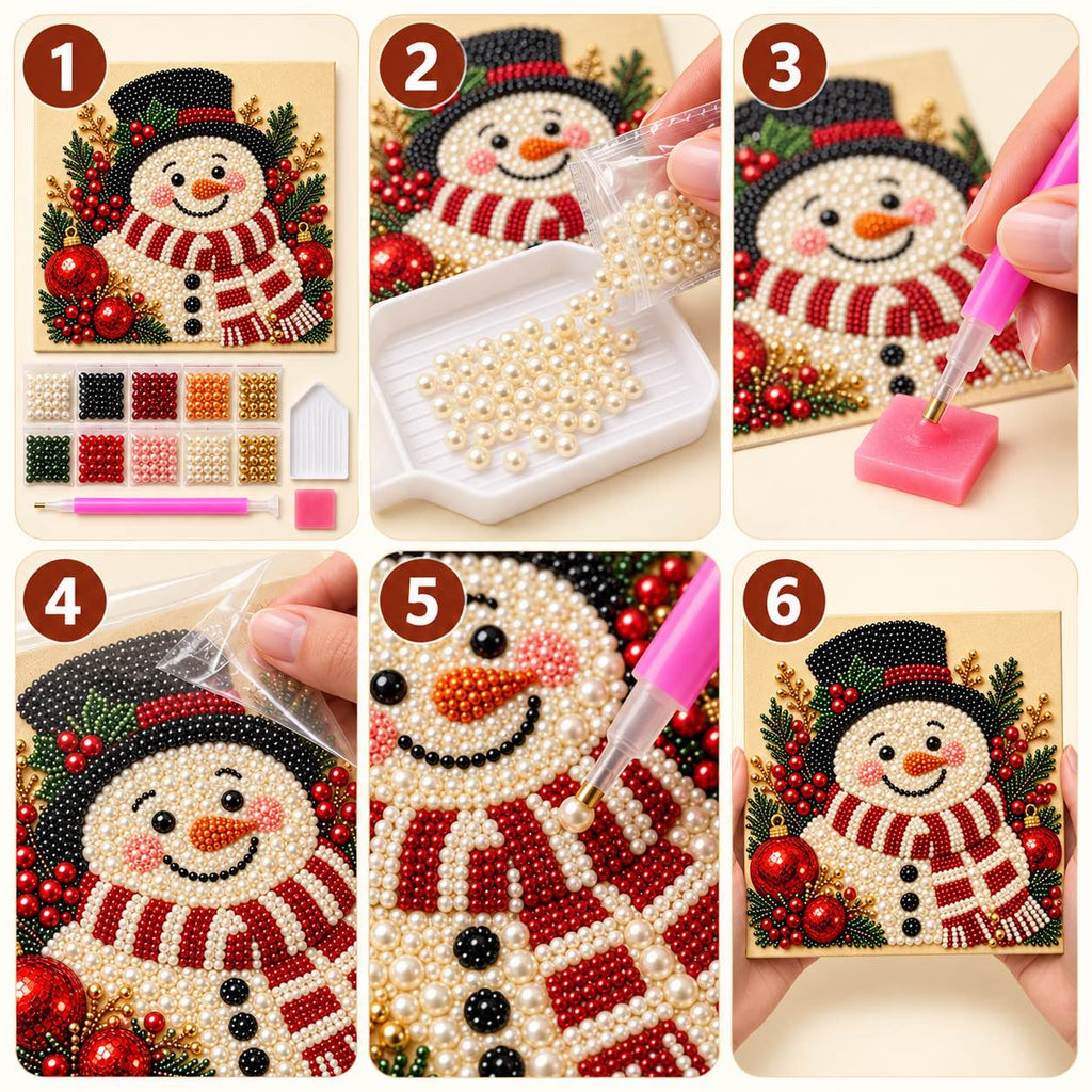 Six illustrated steps for making the Smiling Snowman pearl painting kit