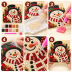 Six illustrated steps for making the Smiling Snowman pearl painting kit