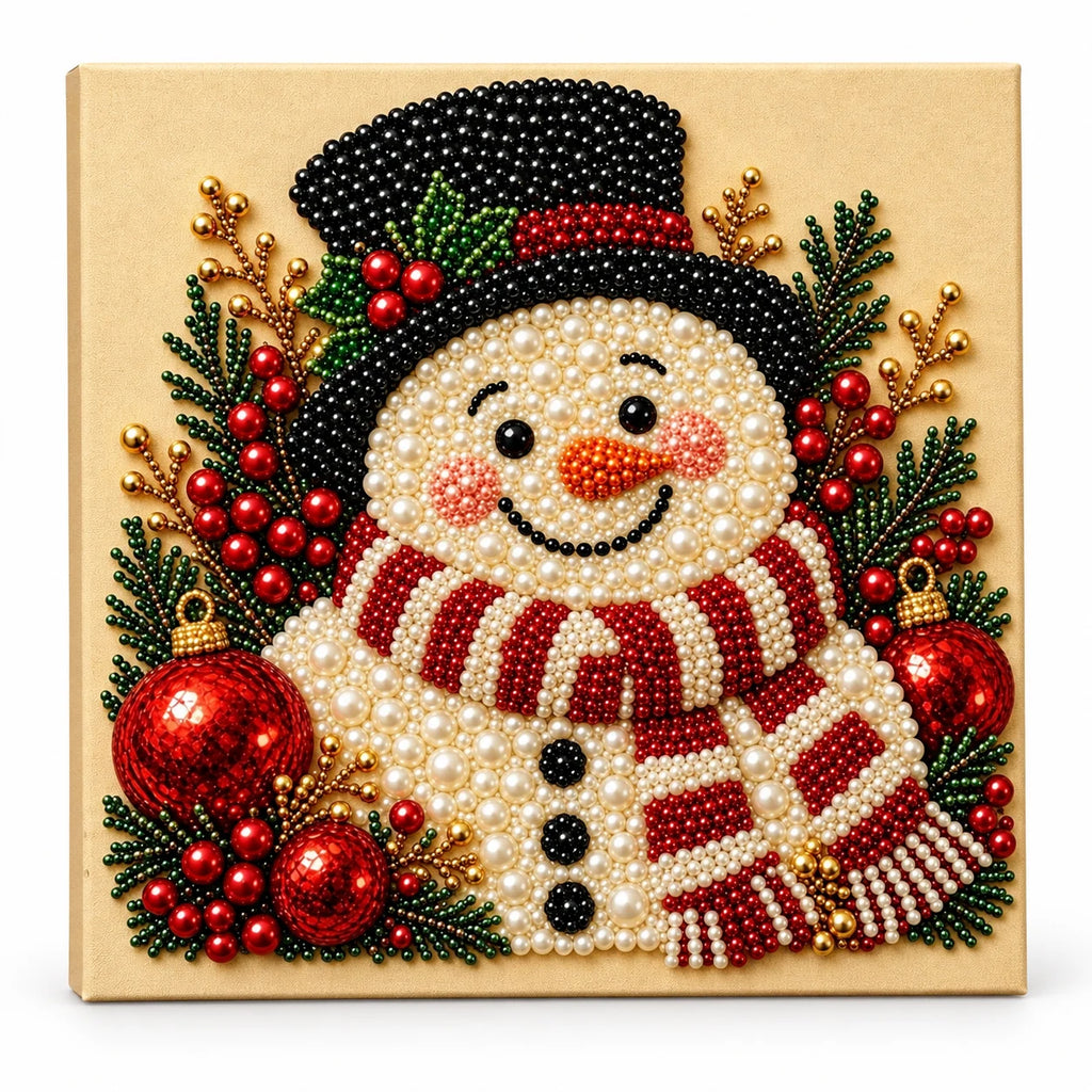 Smiling Snowman pearl painting on a cream canvas, finished-effect illustration