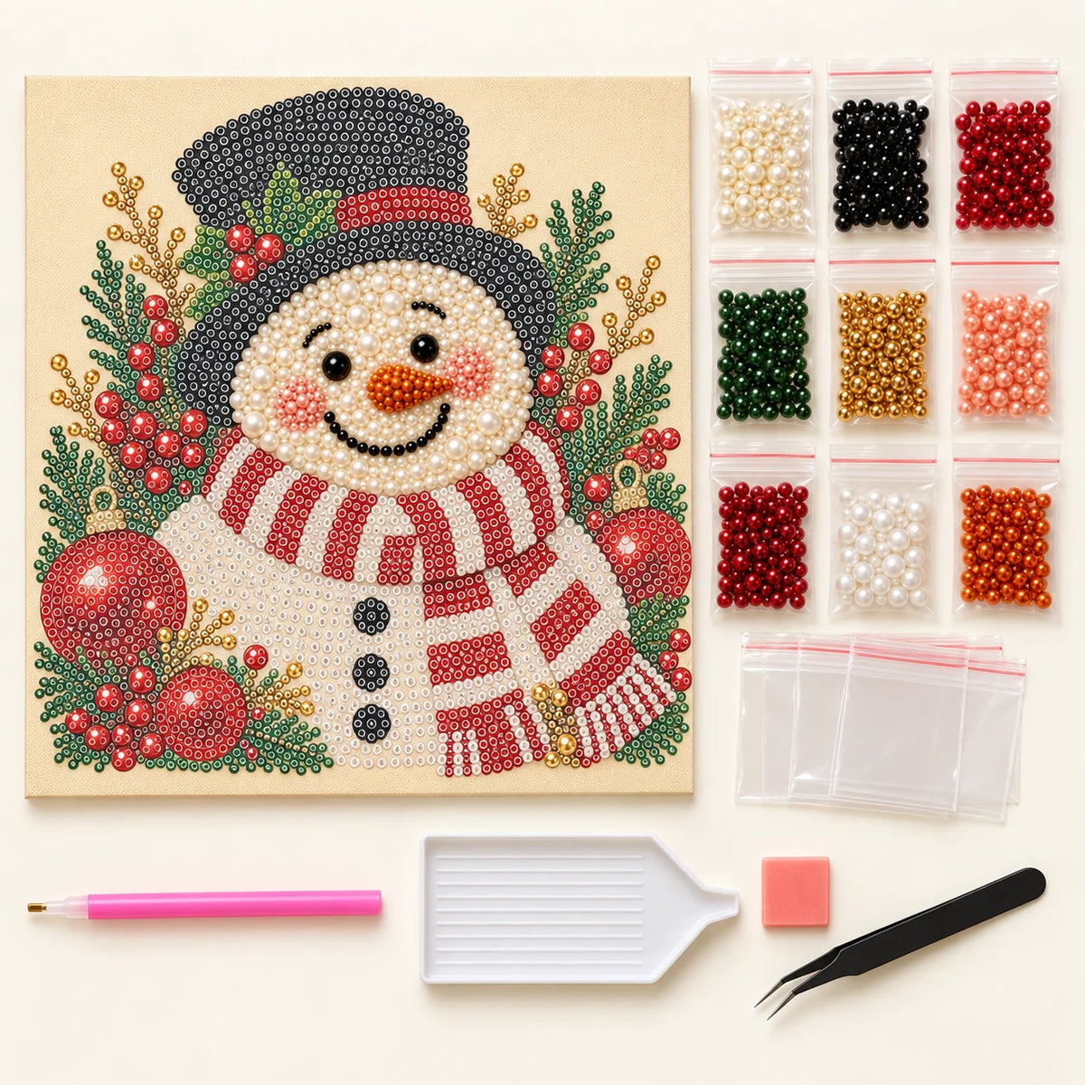 Smiling Snowman canvas, matching pearls and DIY placement tools; kit illustration