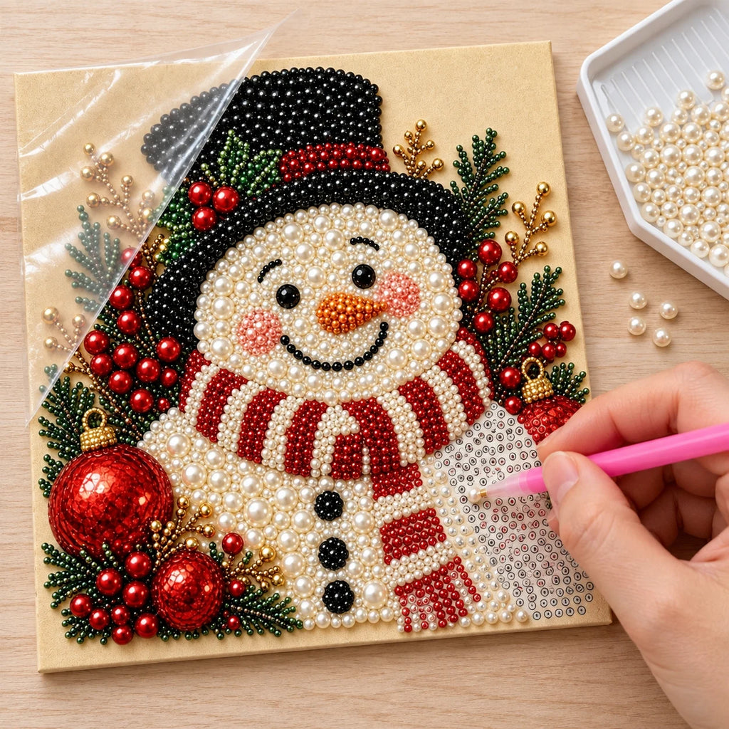 Illustrated process of placing pearls on the Smiling Snowman printed canvas