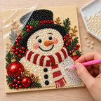 Illustrated process of placing pearls on the Smiling Snowman printed canvas