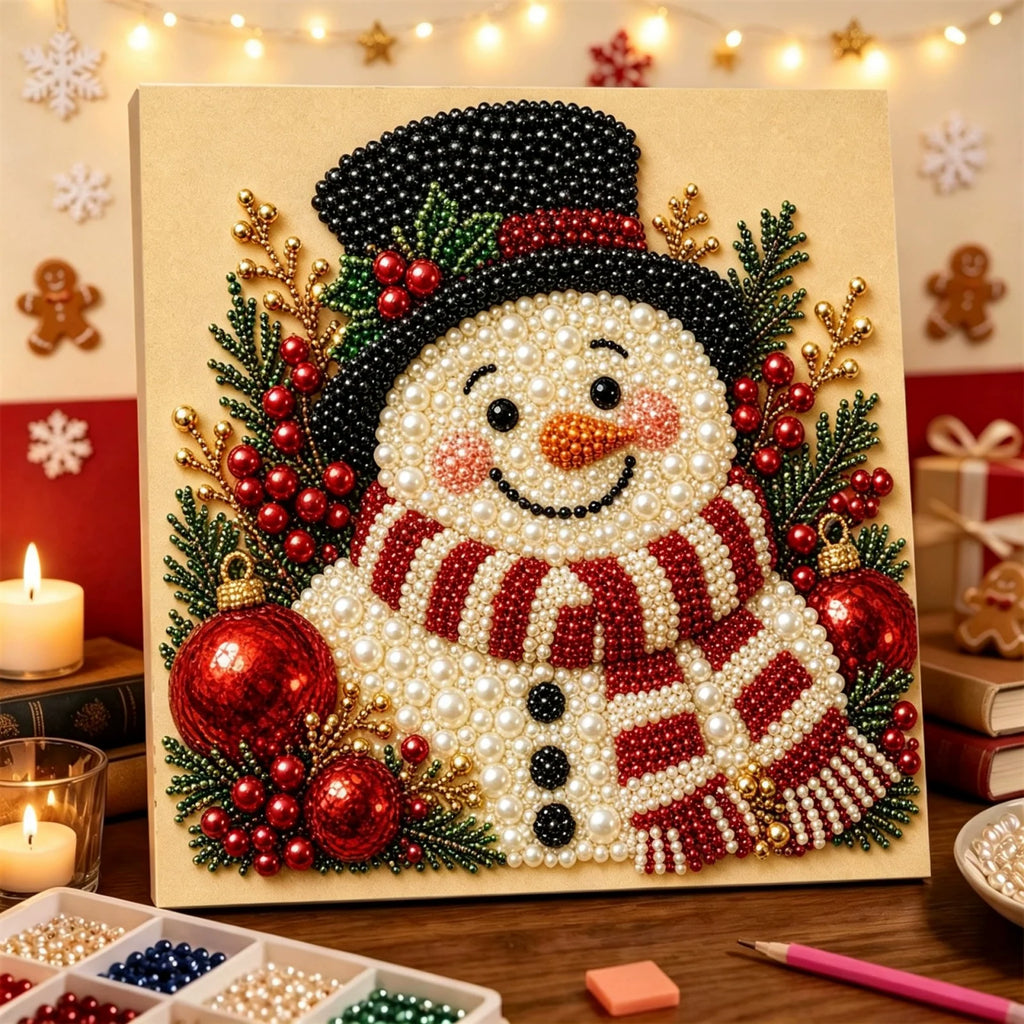 Smiling Snowman finished pearl artwork displayed in a holiday room; props not included