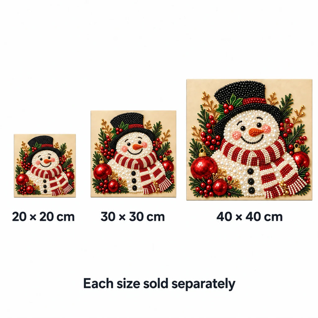 Smiling Snowman size options: 20 × 20, 30 × 30 and 40 × 40 cm; each sold separately. Illustrative comparison.